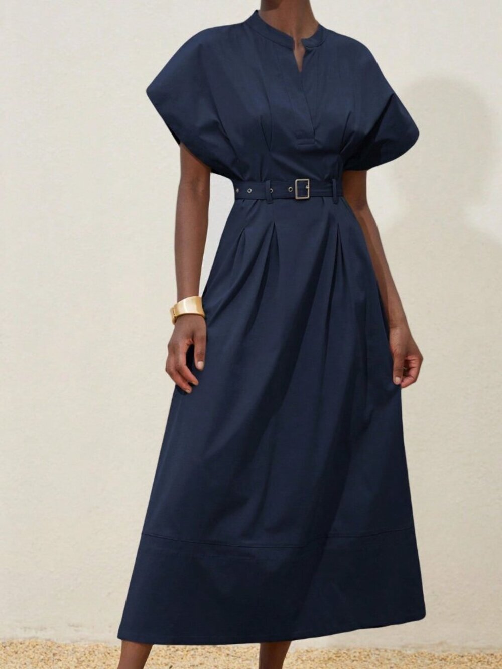 Navy Blue Casual Women's Elegant V-Neck Drop Shoulder Cinched Waist Dress